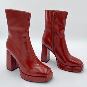 Women Platform Mid Calf Booties Square Toe Patent Leather Chunky Block High Heel